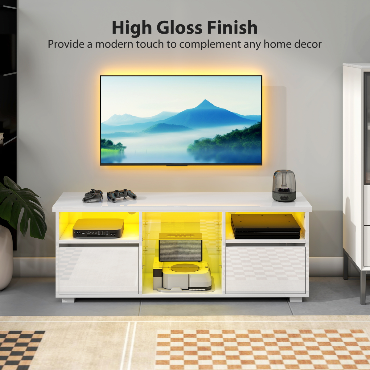Illuminate Your Space: Glossy LED TV Stand Cabinet in Sleek White