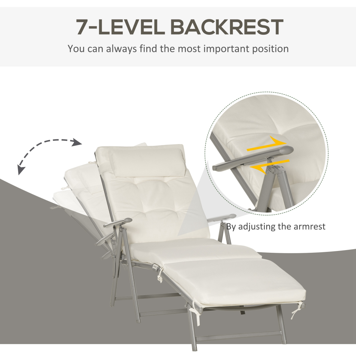 Foldable Sun Lounger Recliner with Padded Seat, 7-Position Back, Texteline White