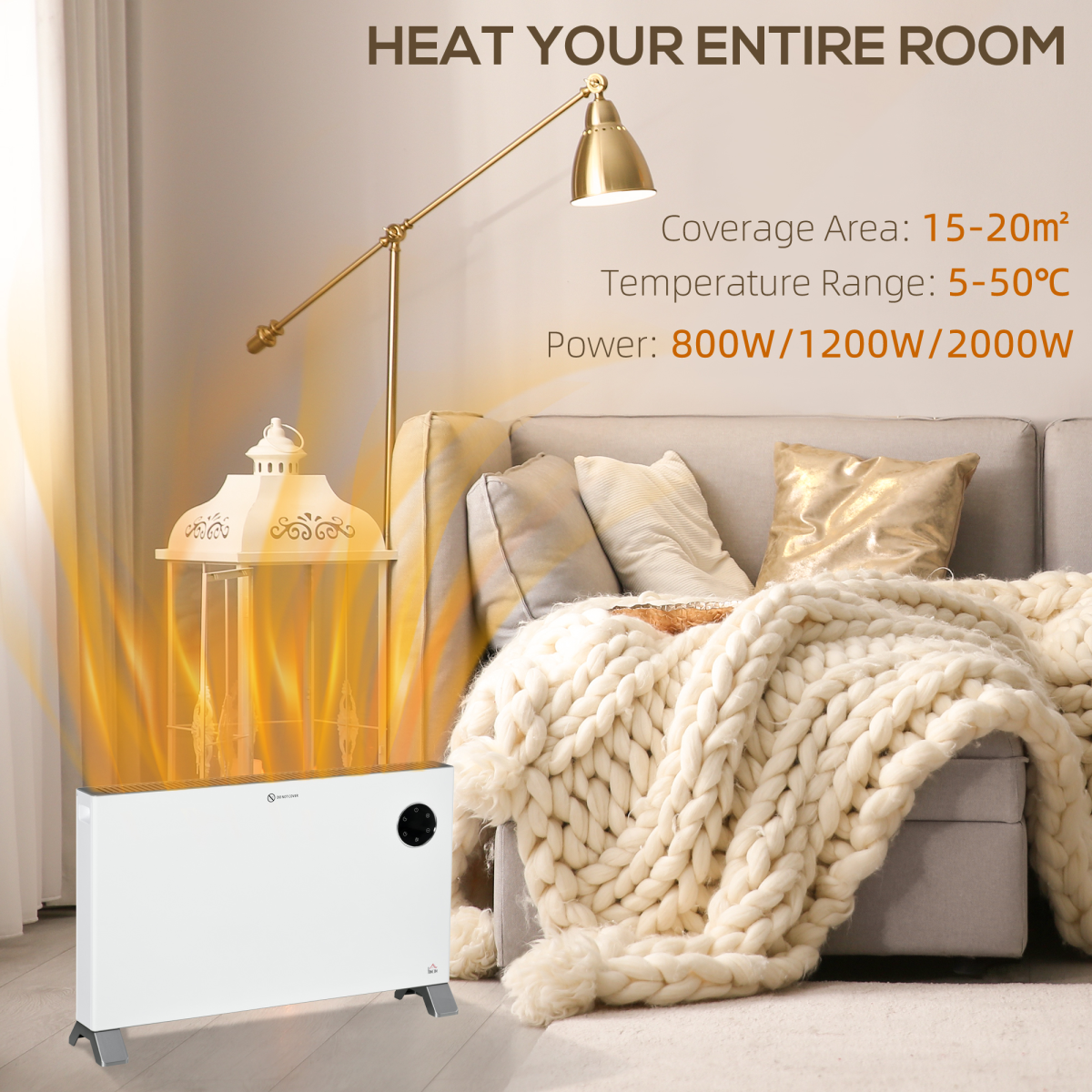 2000W Slim Electric Convector Heater with LED Display - White