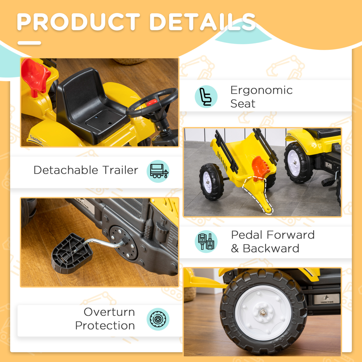 Pedal Go-Kart Tractor with Shovel & Rake, 4 Wheels