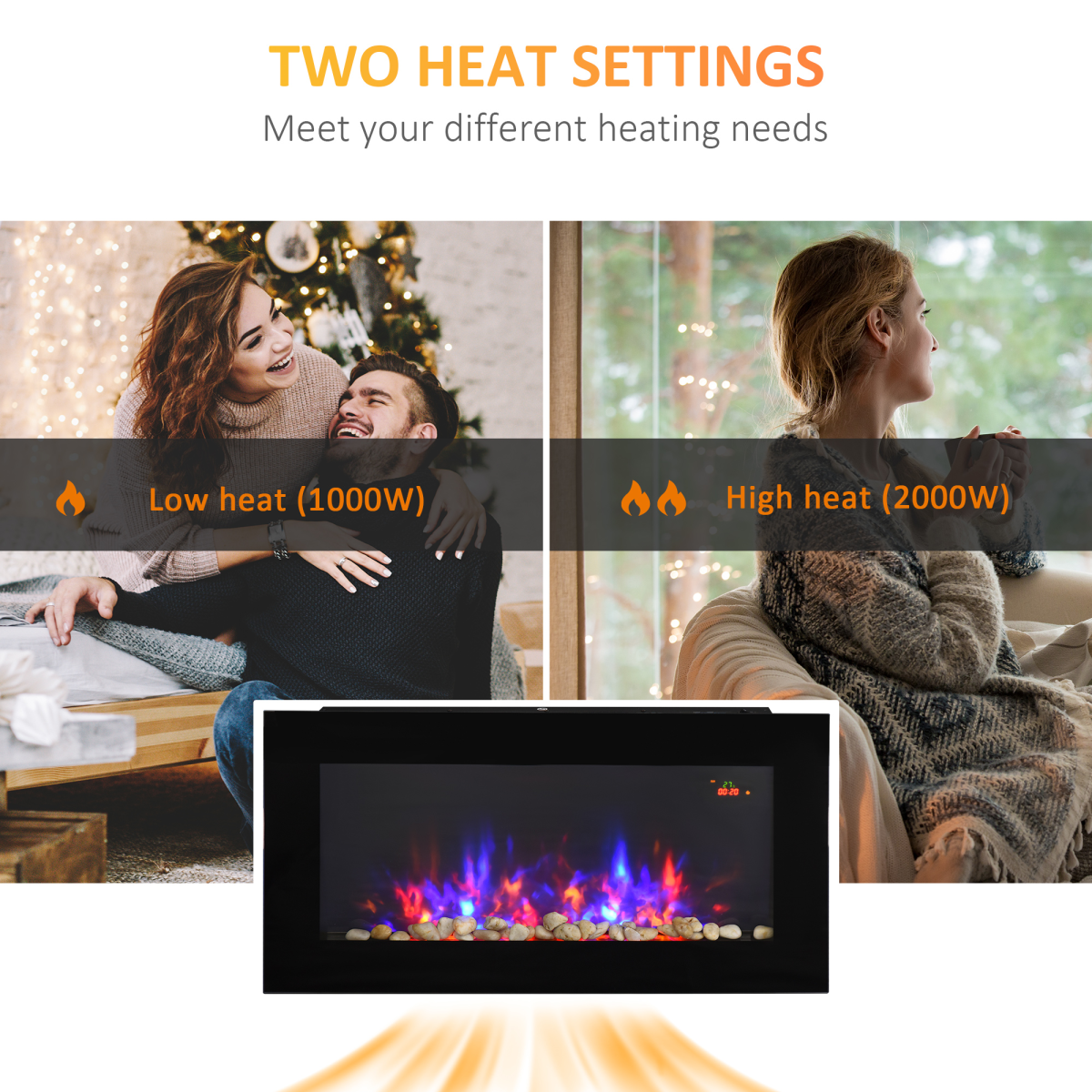 1000W/2000W LED Electric Fireplace with Remote & Auto Temp Control
