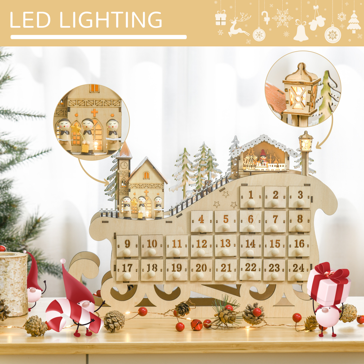 Light-Up Wooden Sleigh Advent Calendar - 24 Drawers, Natural Finish