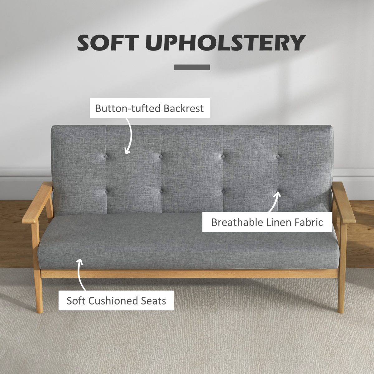 Dark Grey 3-Seater Sofa with Button-Tufted Back in Linen