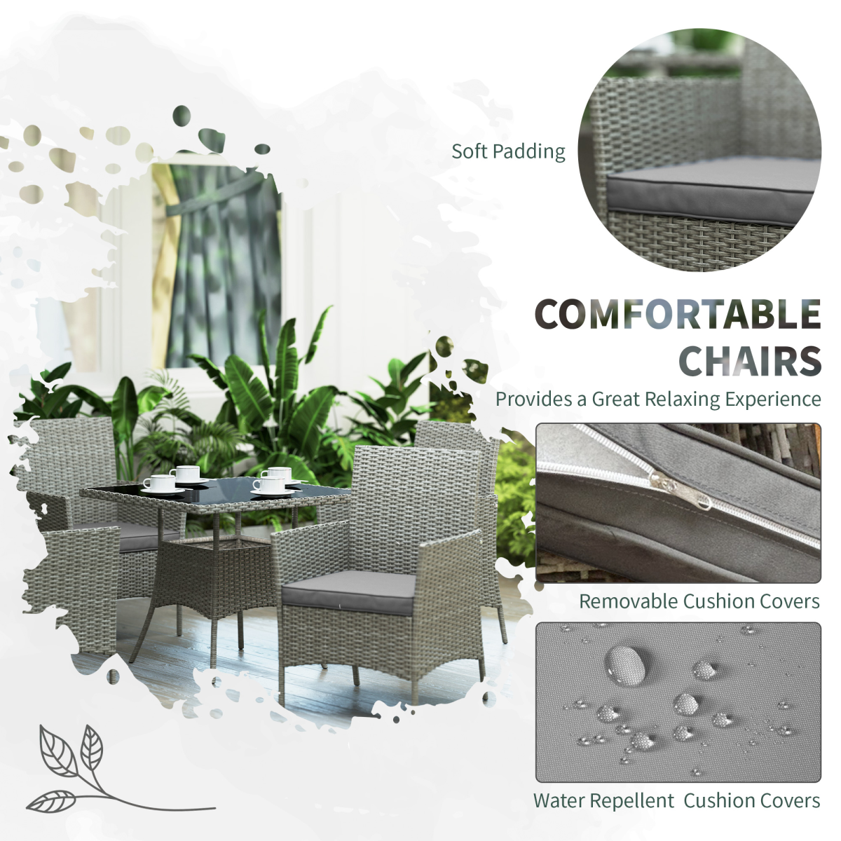 4-Person Rattan Outdoor Dining Set with Glass Table - Light Grey