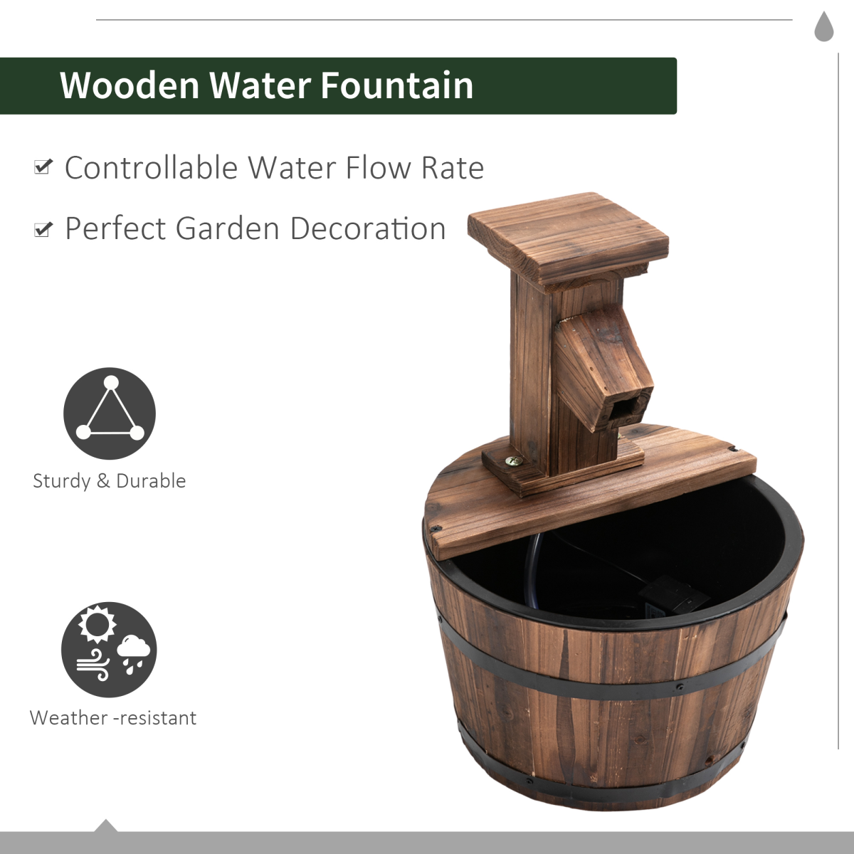 Wood Barrel Pump Water Fountain for Patio and Garden - Electric Water Feature