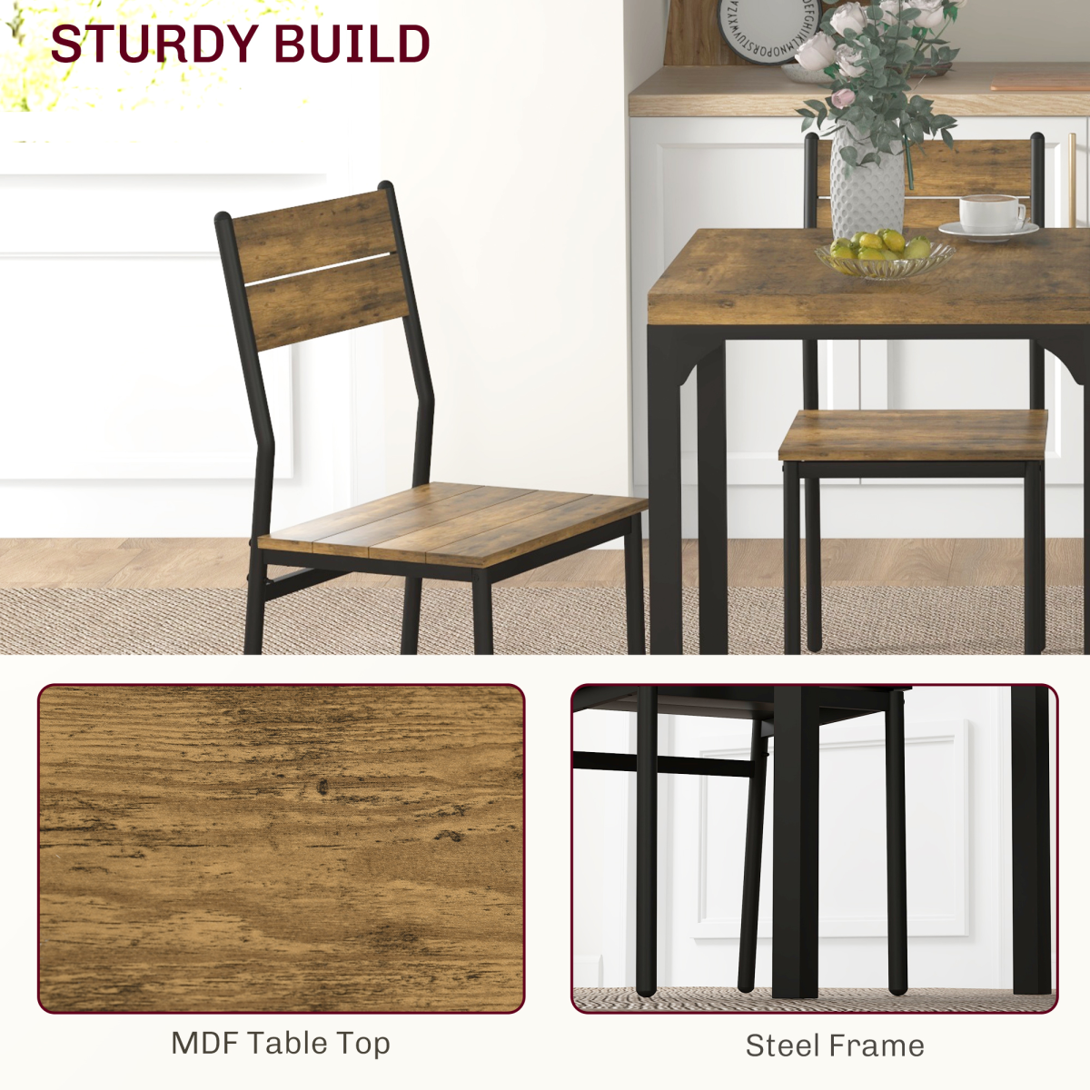 Rustic Brown 3-Piece Compact Dining Set with Metal Frame - Perfect for Small Spaces!