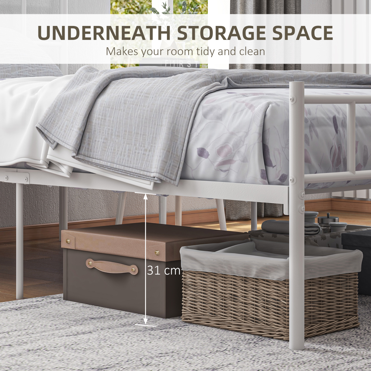 Metal Single Bed Frame with Headboard, Underbed Storage & Noise-Free Design