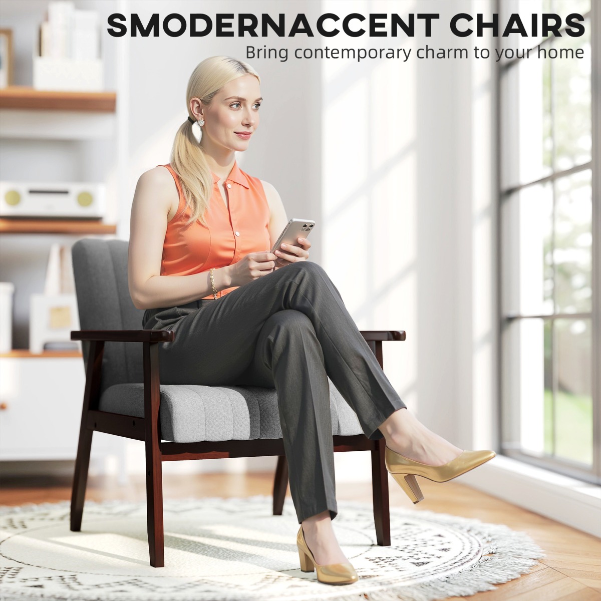 Modern Linen-Feel Upholstered Accent Chair, Grey & Brown
