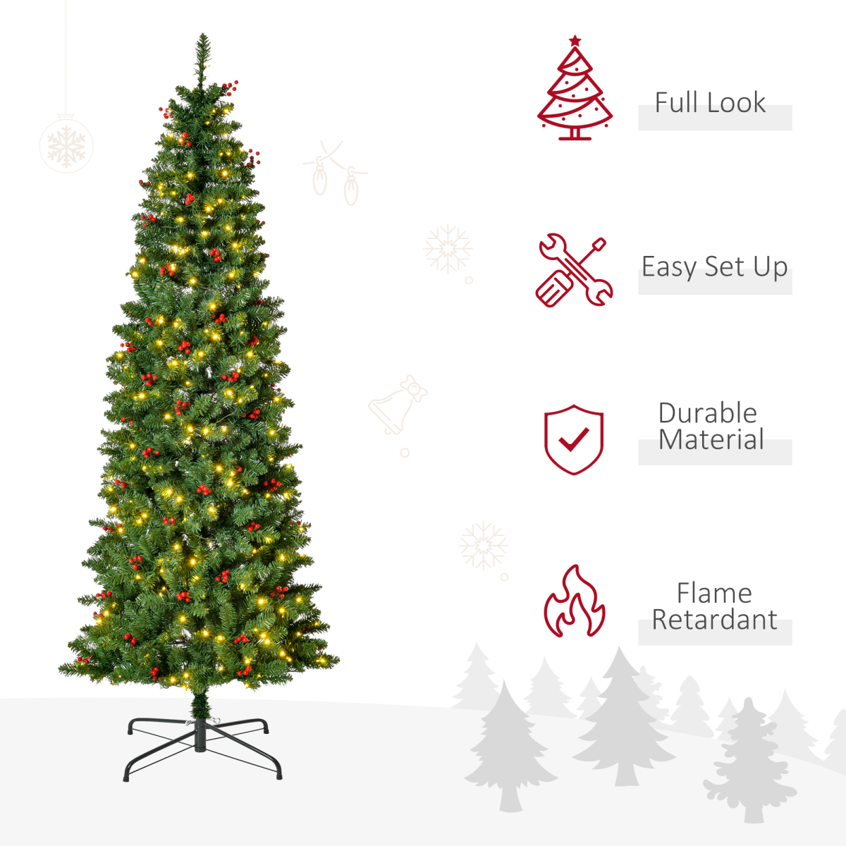 7ft Prelit Pencil Christmas Tree with Warm White LEDs, Green & Red Berry