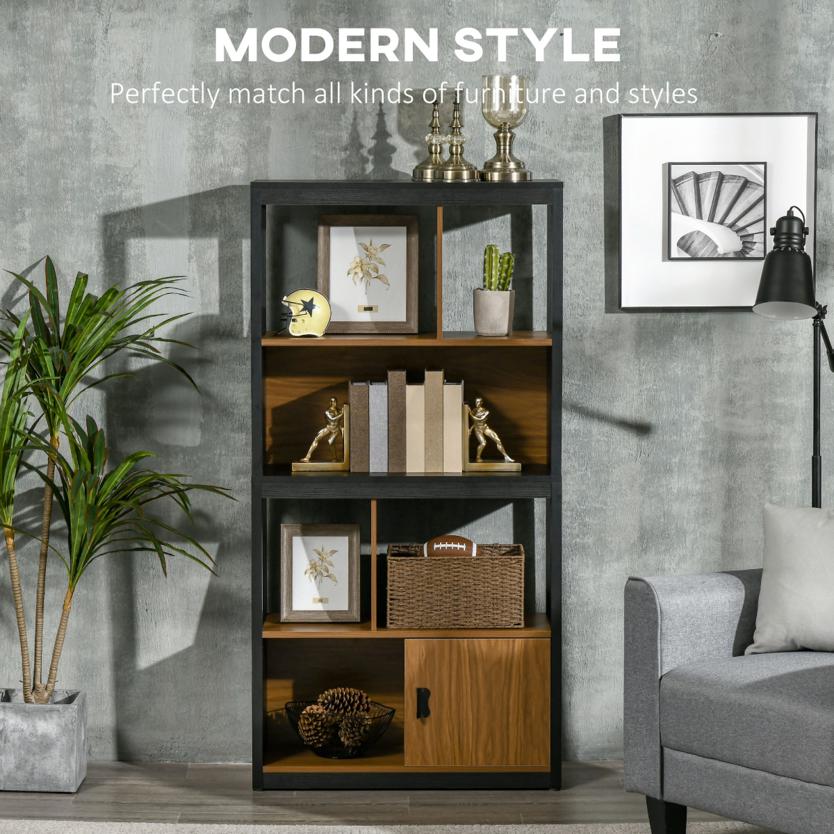 Stylish 4-Tier Freestanding Walnut Bookshelf with Storage & Anti-Tipping