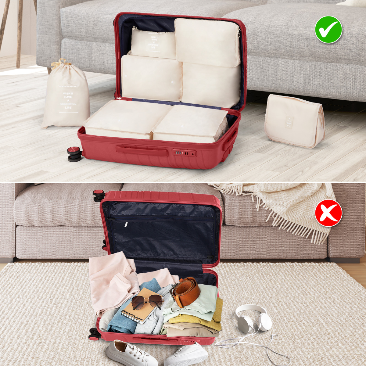 Versatile 4-Piece Red Luggage Set with Toiletry Kit & Stylish Handbags