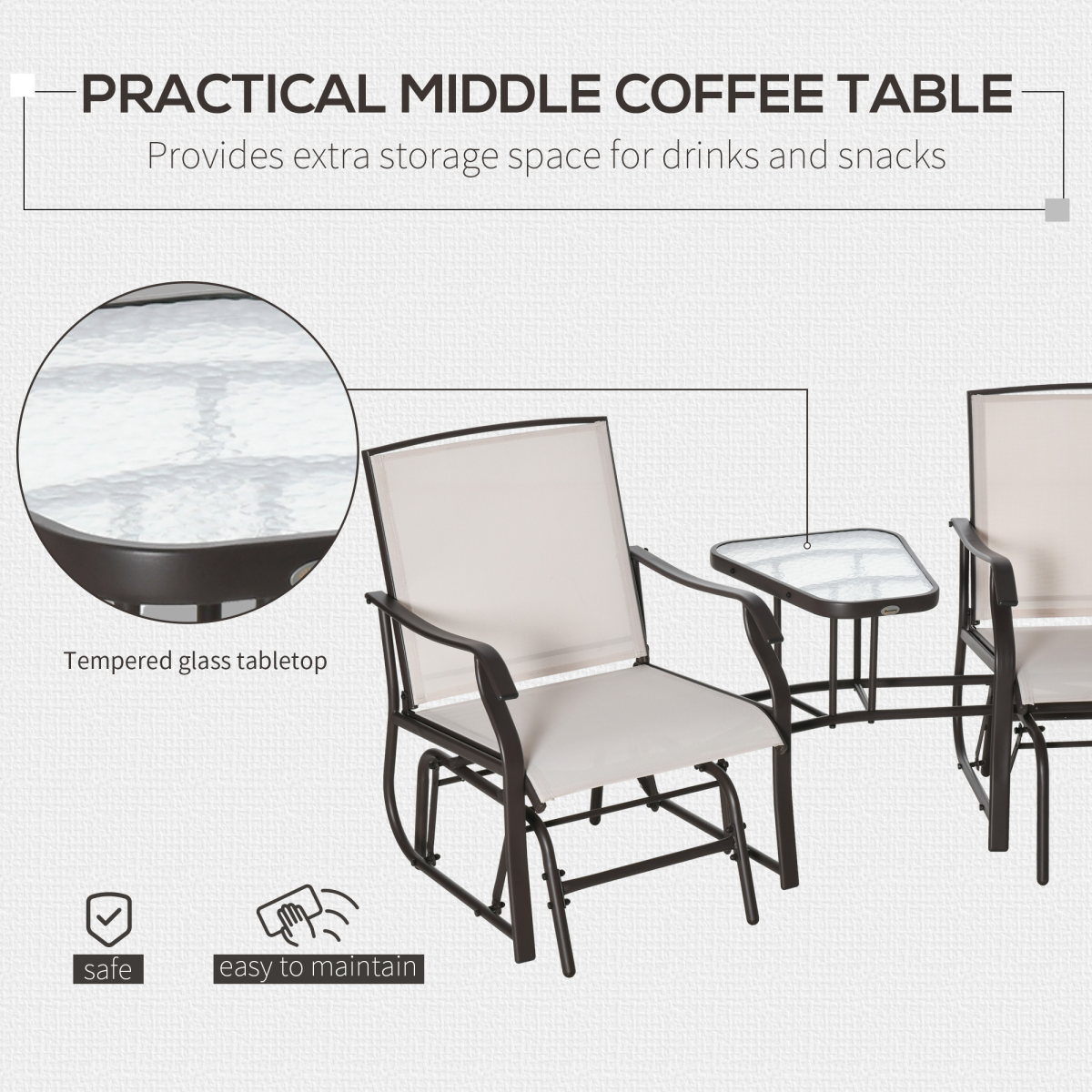 Double Glider Loveseat with Glass Table - Beige Garden Set