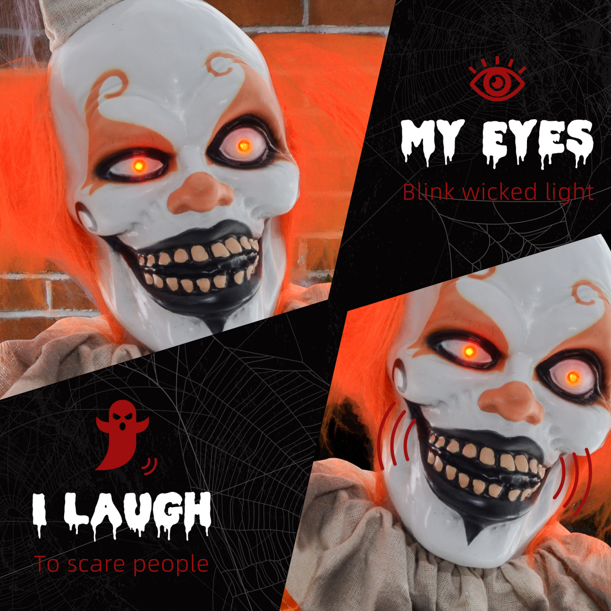 Halloween Clown Animatronic Prop with Light-Up Eyes, Indoor/Outdoor