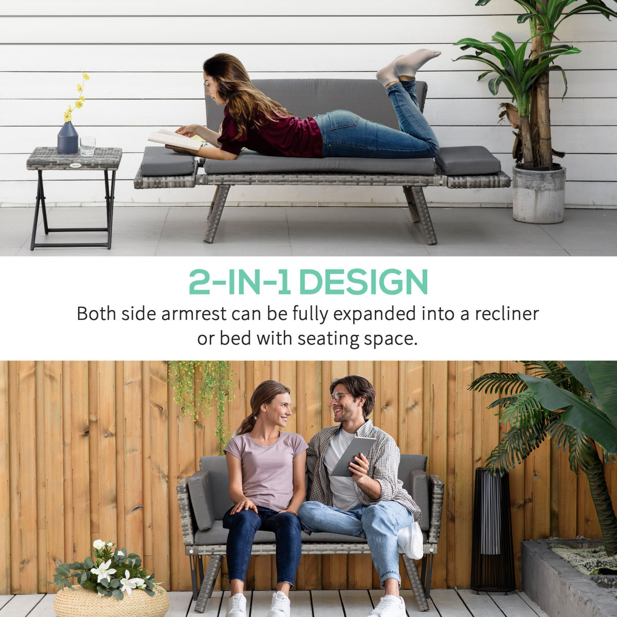2-in-1 Rattan Folding Daybed Sofa - Grey Cushions Included