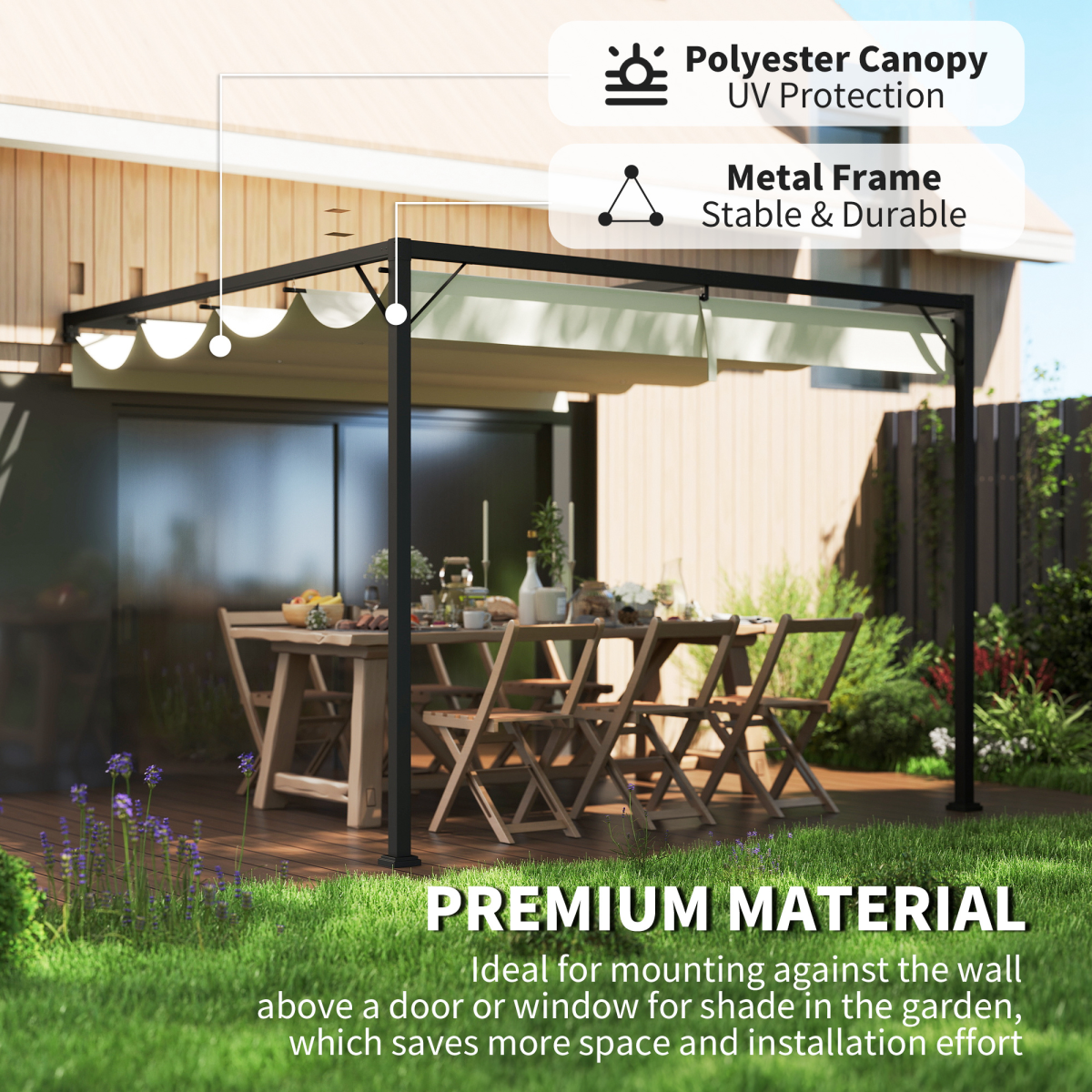 3x3m Wall-Mounted Pergola with Retractable Canopy - Cream Shade Master