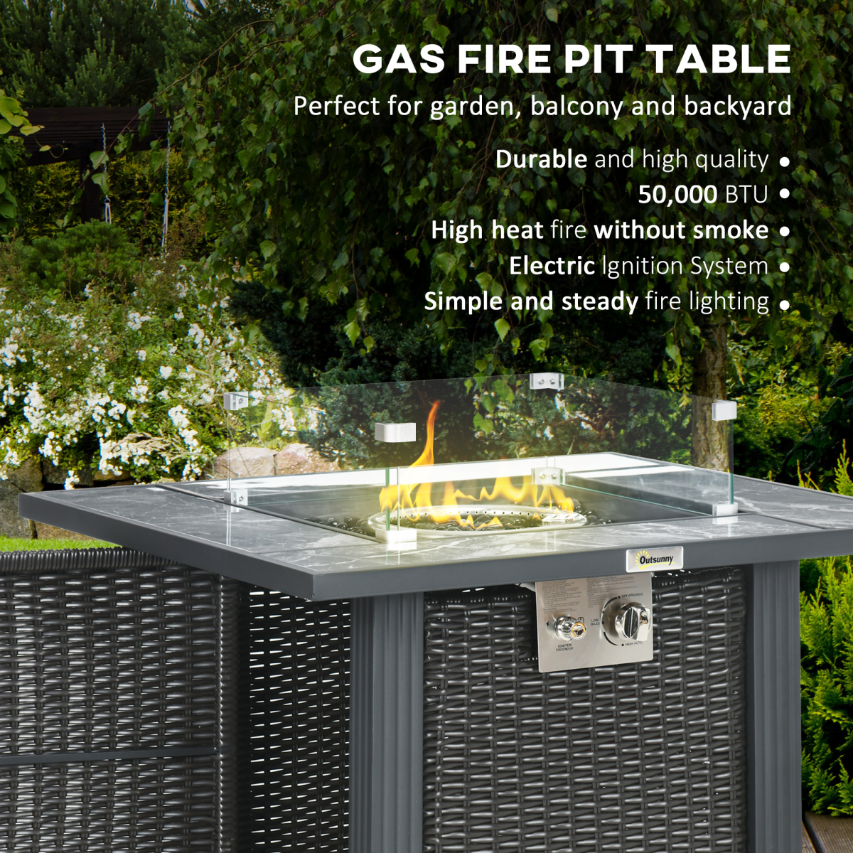 50,000 BTU Gas Fire Pit Table for Patio with Rain Cover Windscreen