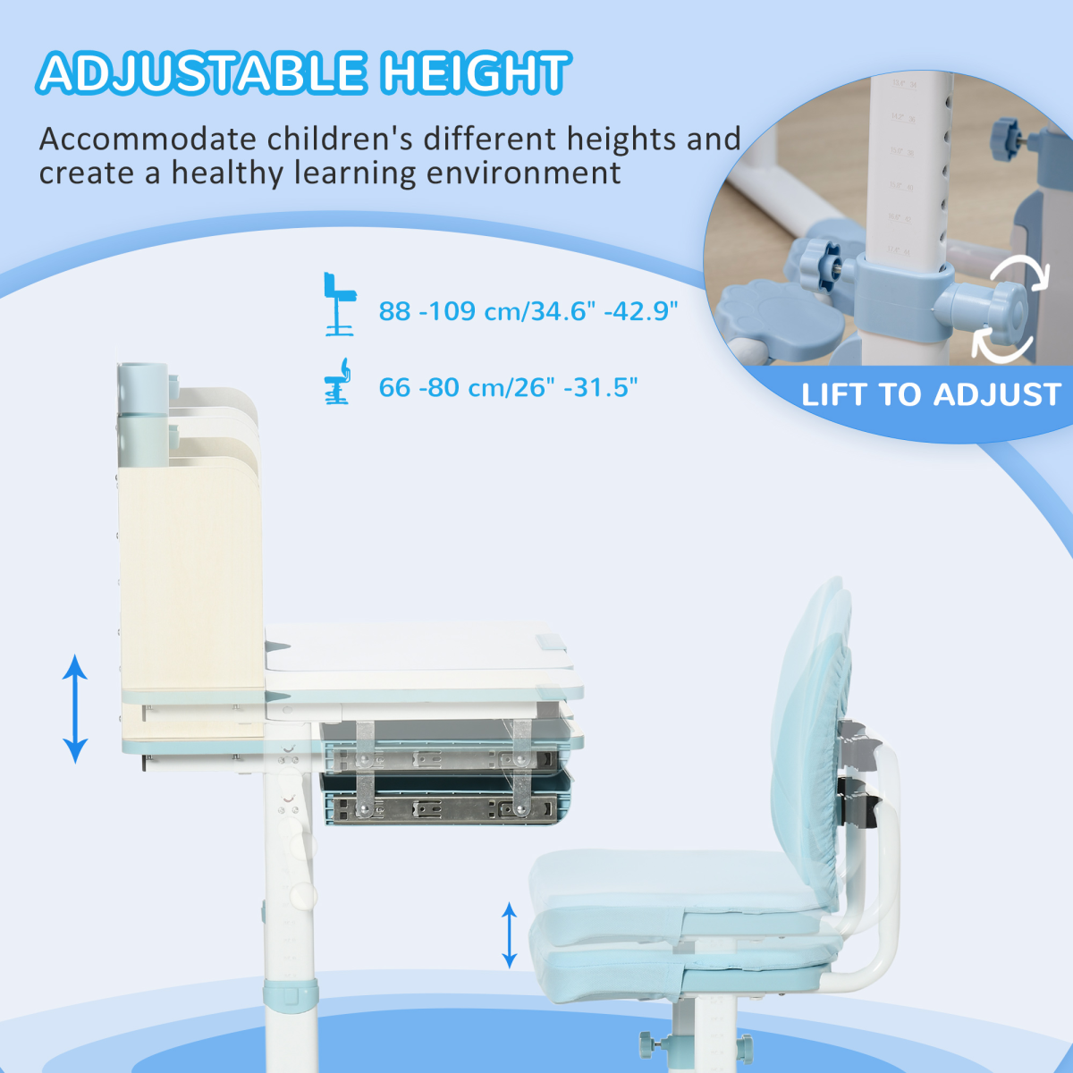 Height-Adjustable Kids Desk & Chair Set for Ages 3-12 - Blue