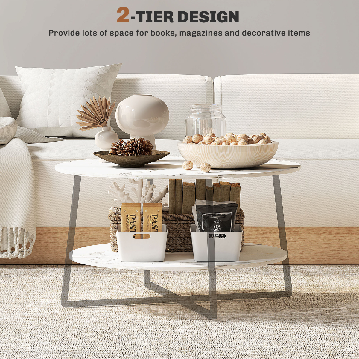 Elegant Round Coffee Table with Storage & Chic Marble Effect Top