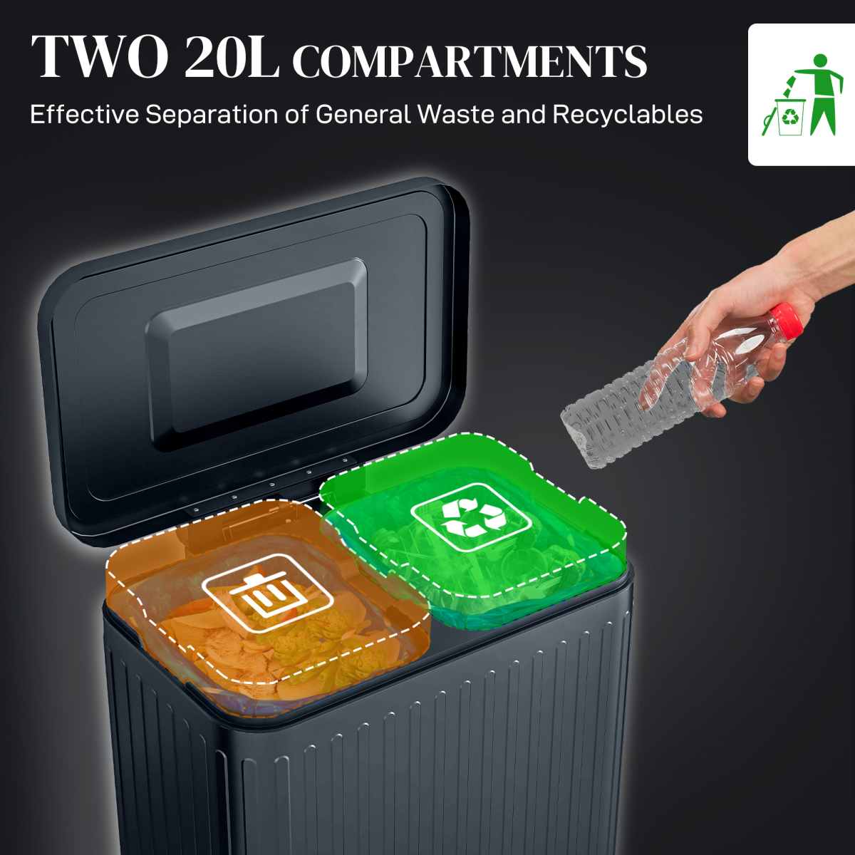 2x20L Double Pedal Bin with Soft-Close Lid - Black