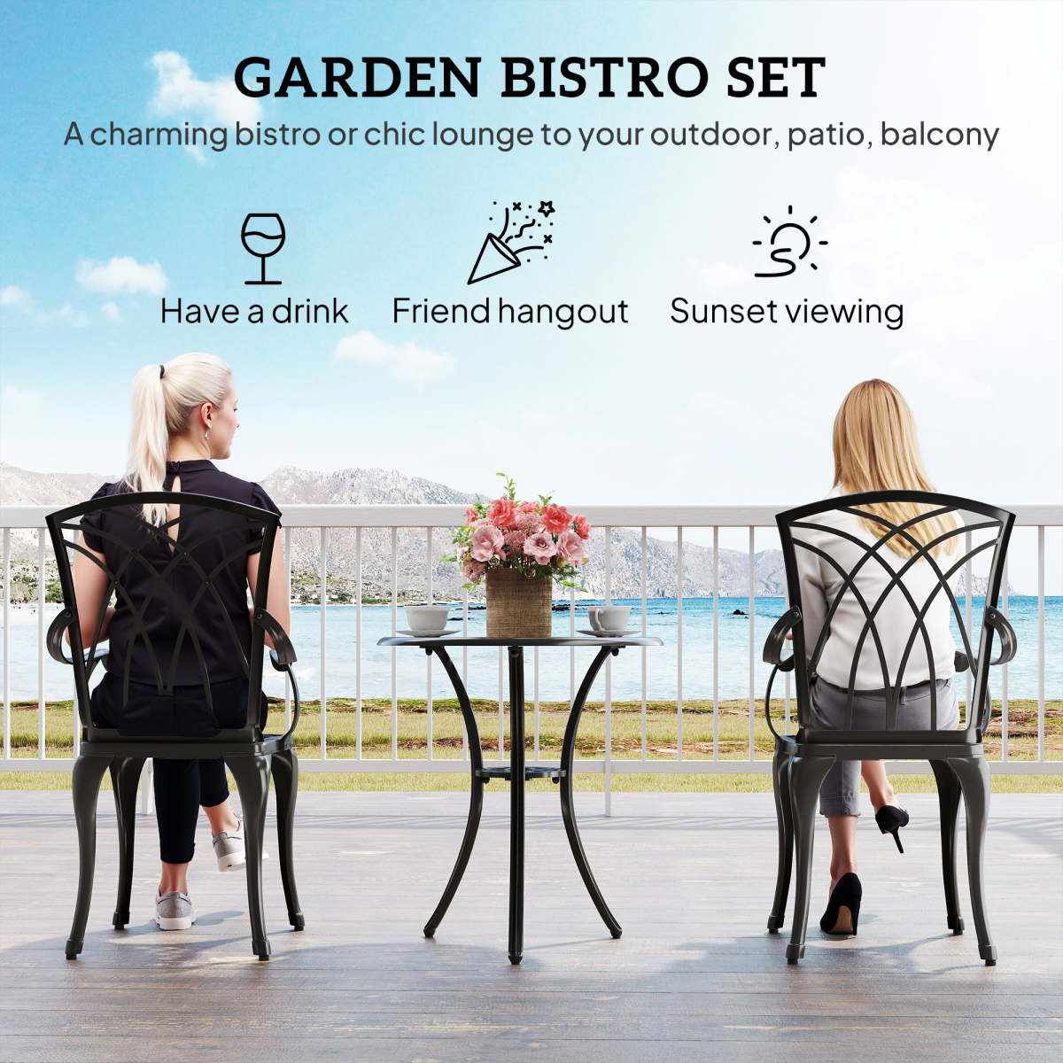 Cast Aluminium 2-Seater Outdoor Table & Chair Set - Brown