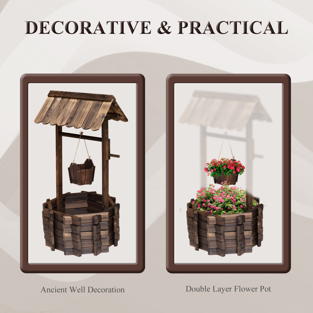 Wishing Well Planter Bucket - 60L, 55cm W x 114cm H, Brown