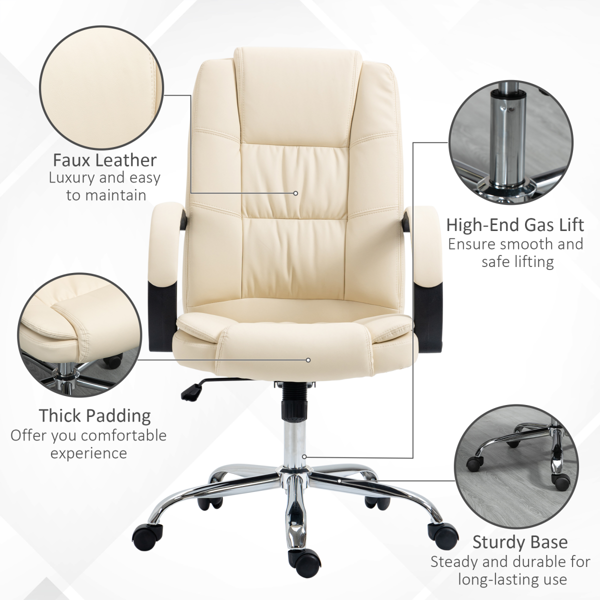 PU Leather Executive Office Chair - High Back, Height Adjustable, Beige