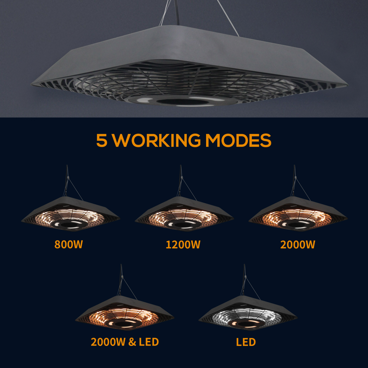 2000W Hanging Ceiling Patio Heater with Remote - Halogen, Aluminium