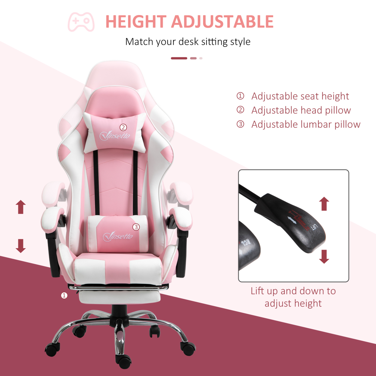 Pink Racing Gaming Chair with Lumbar Support - Ultimate Gamer Recliner