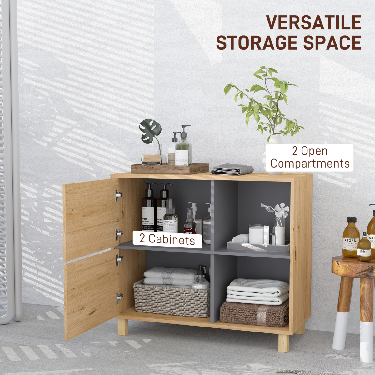 Sleek Bathroom Storage Cabinet - Stylish Dual Cupboards & Open Spaces!