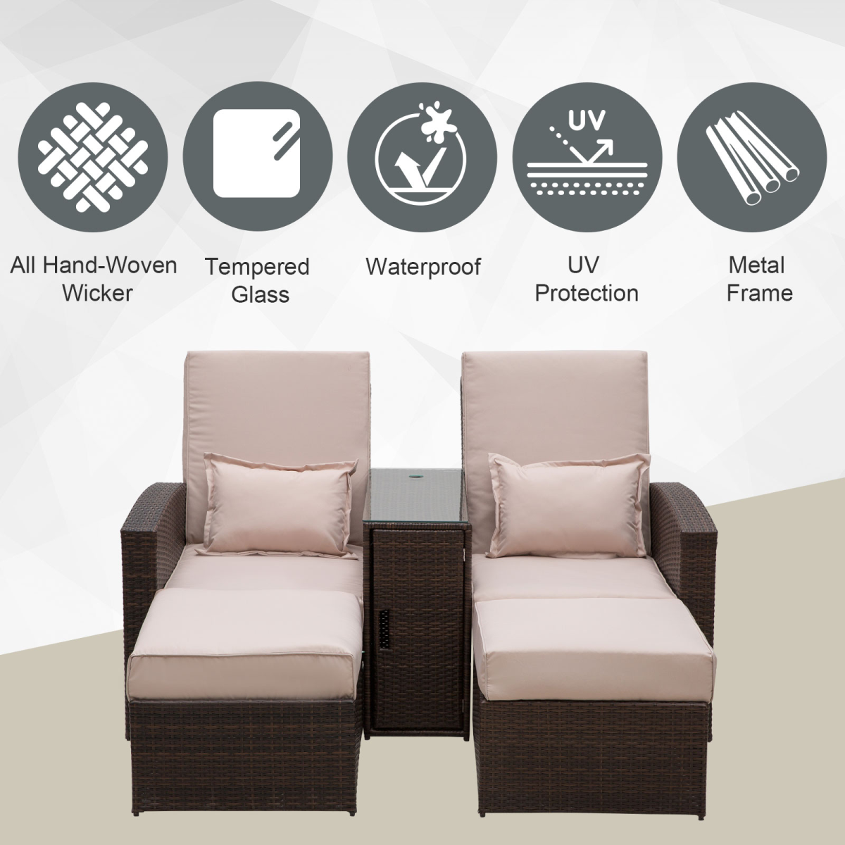 Double Rattan Sun Lounger Sofa with Adjustable Recline & Glass Table - Brown