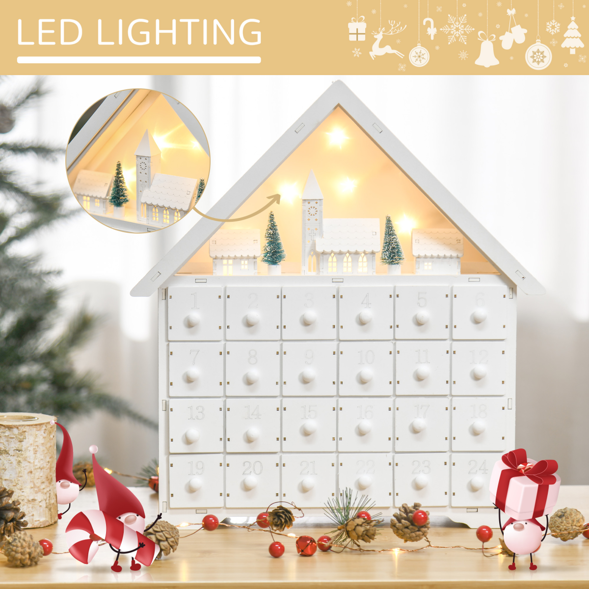 Wooden 24-Drawer Advent Calendar with LED Light-Up, White