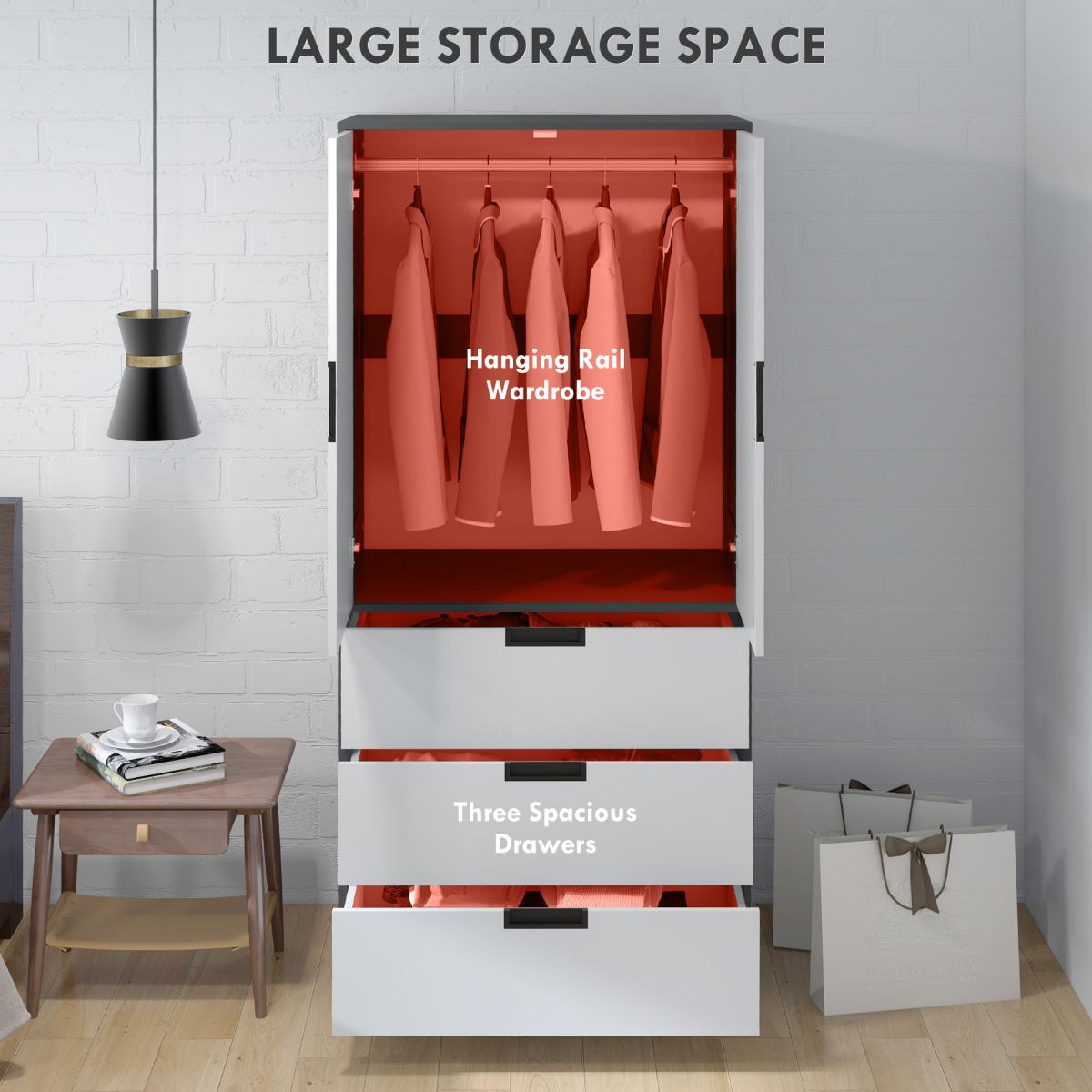 2-Door Wardrobe with 3 Drawers & Hanging Rod – Grey