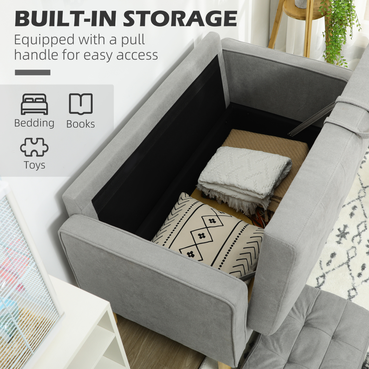 Grey 2-Seater Sofa with Under-Seat Storage - Compact Loveseat for Living Room