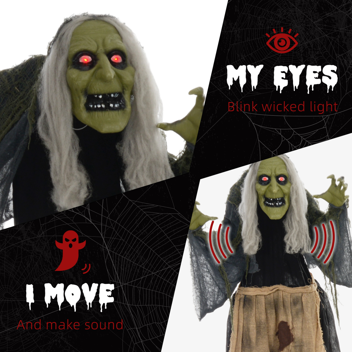 Sound-Activated Witch Animatronic Prop with Moving Head & Glowing Eyes