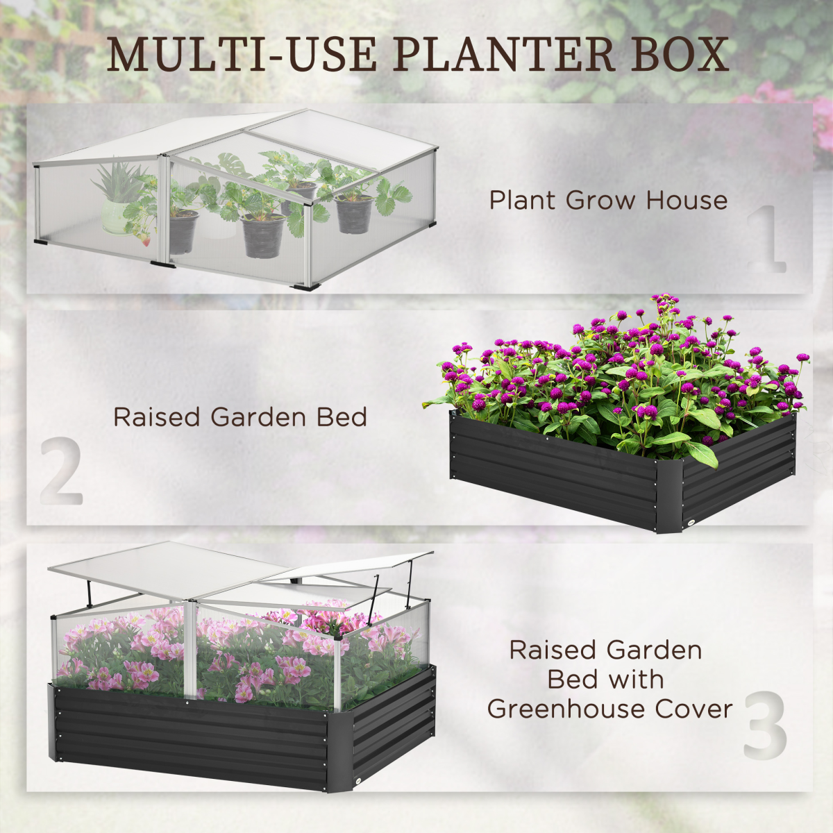 Galvanised Raised Garden Bed with Greenhouse & Cover - Dark Grey