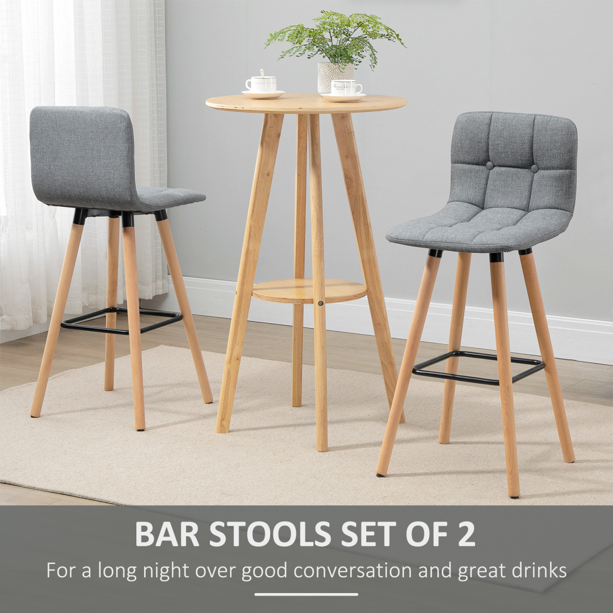 Grey Bar Stool Set of 2: Armless, Button-Tufted, Counter Height