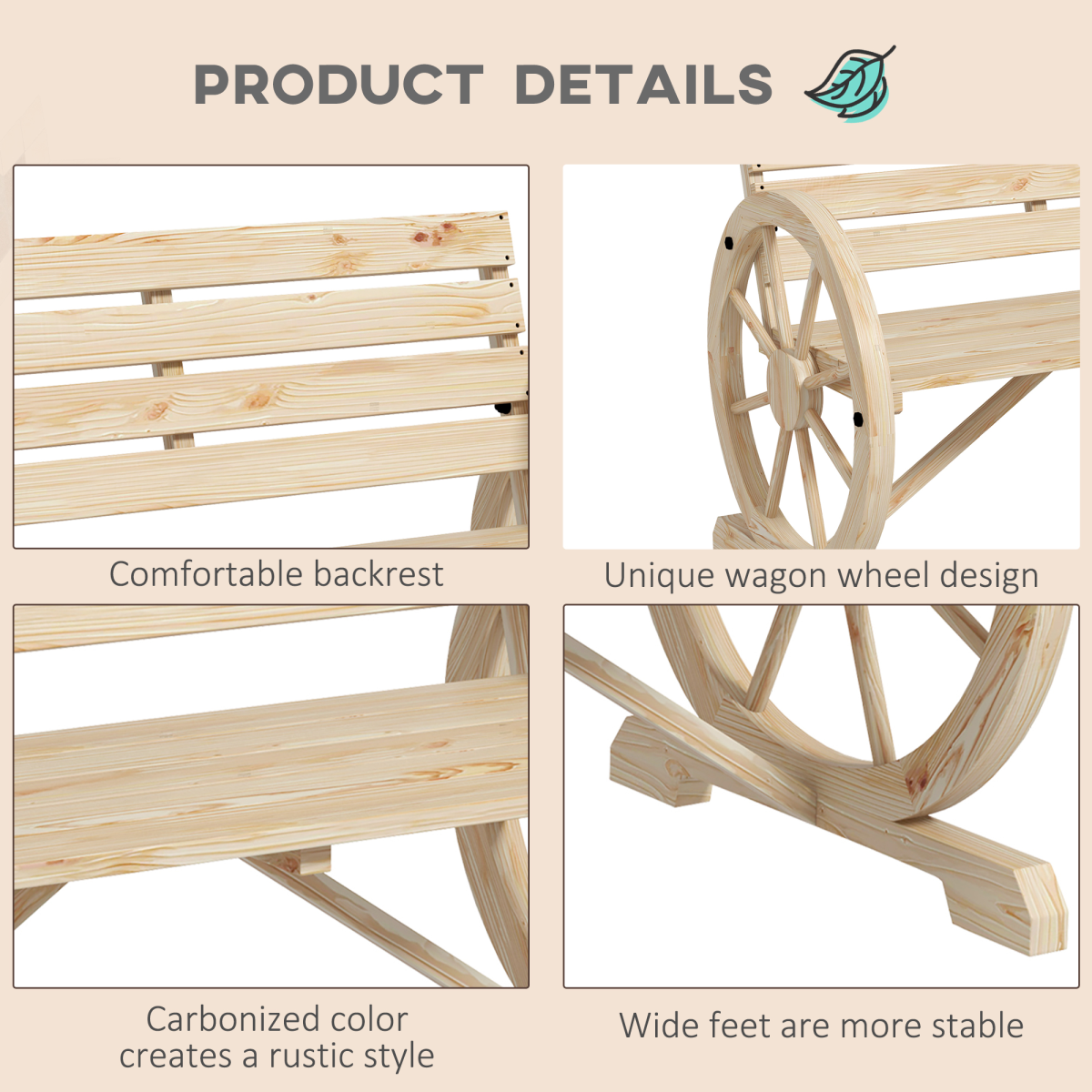 2-Seater Garden Bench with Wagon Wheel Armrests - Natural Fir Wood