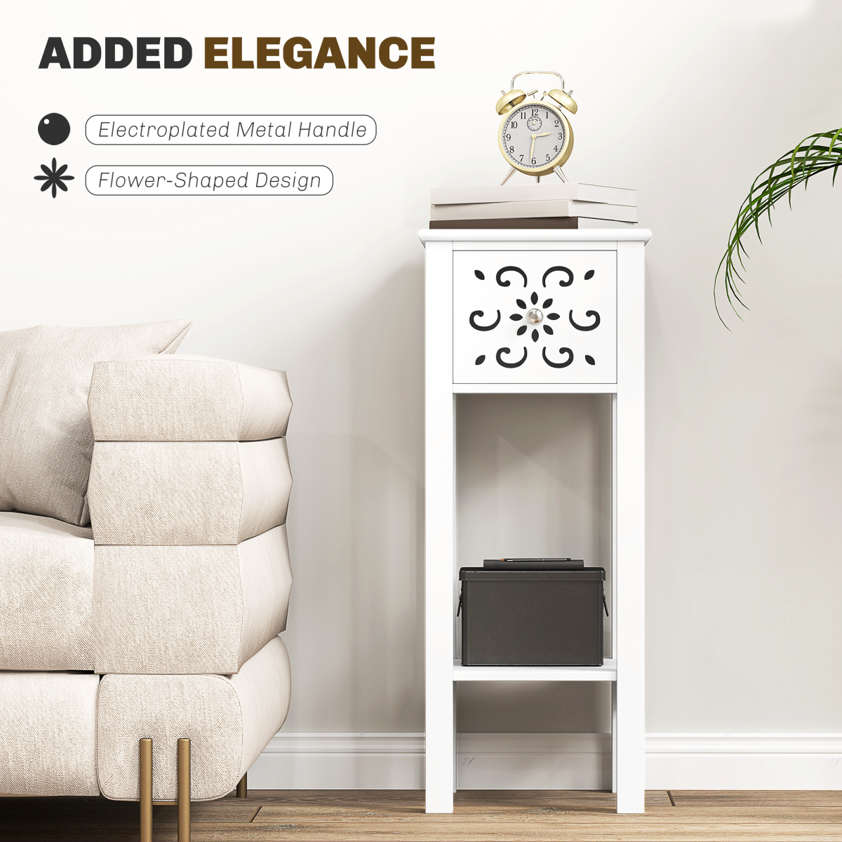 Elegant Floral Cut-Out Bedside Table Set with Drawer & Storage - White