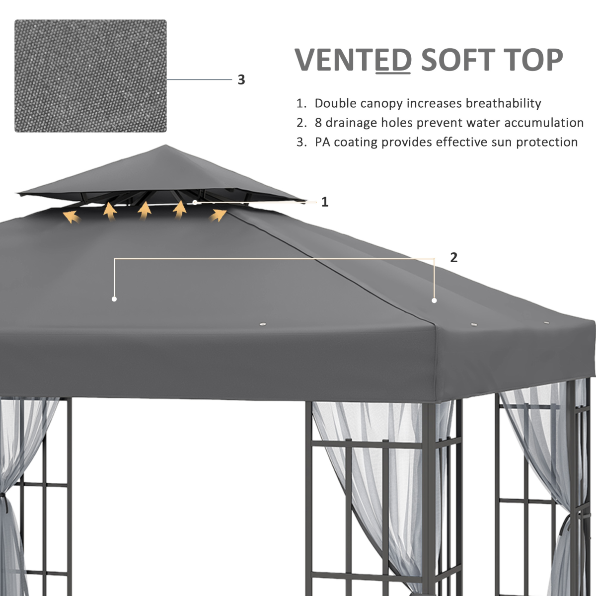 3x3m Gazebo with 2-Tier Vented Roof, Grey Patio Pavilion