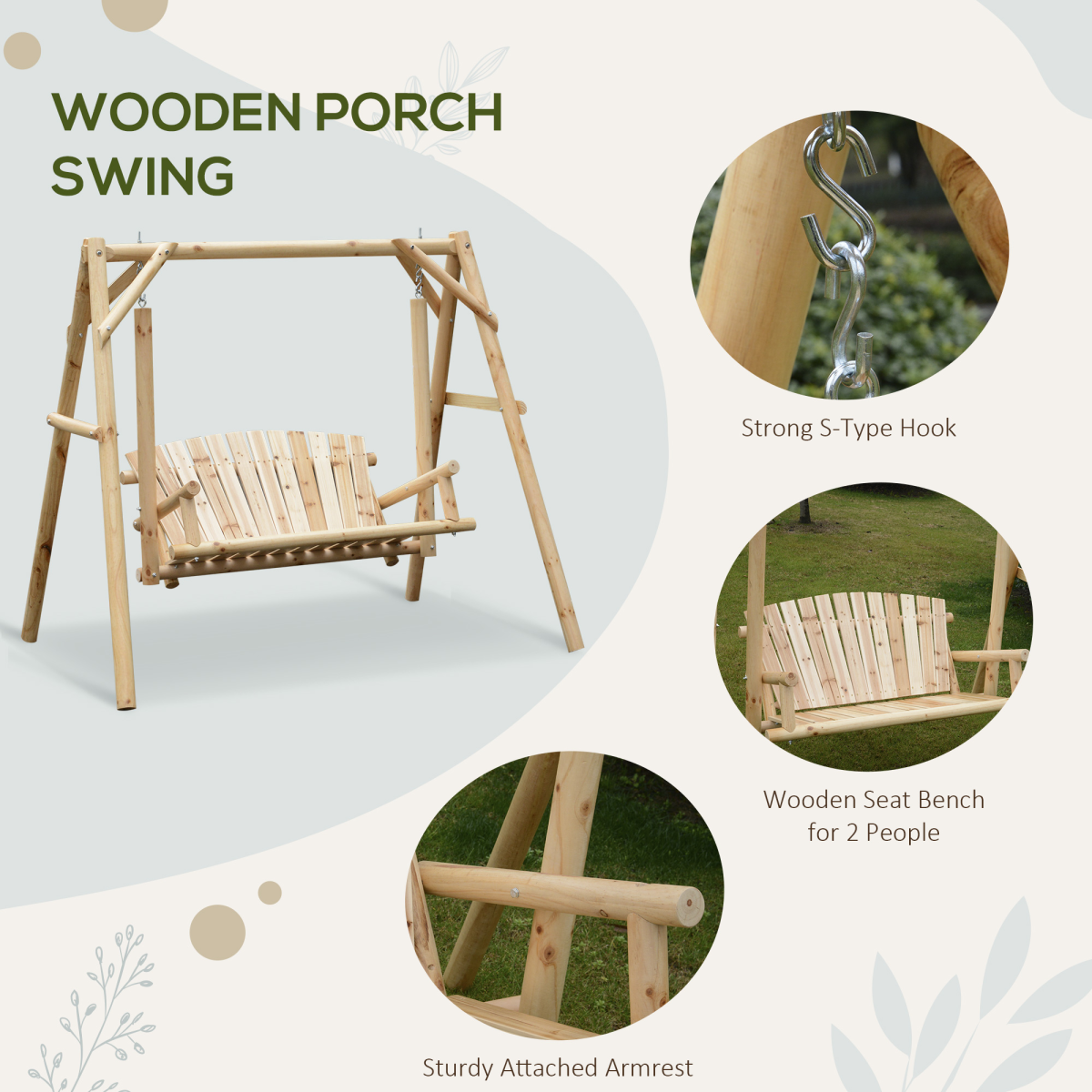 Rustic Outdoor 2-Seater Porch Swing - Wooden Patio Bench with Armrests