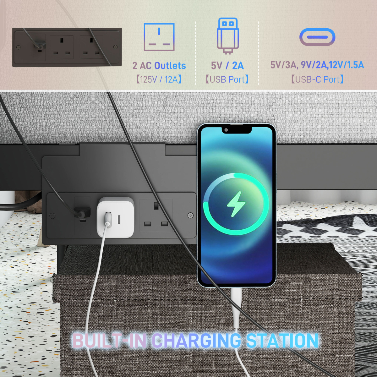 King Bed Frame with RGB LED Lights & Built-In Charging Station