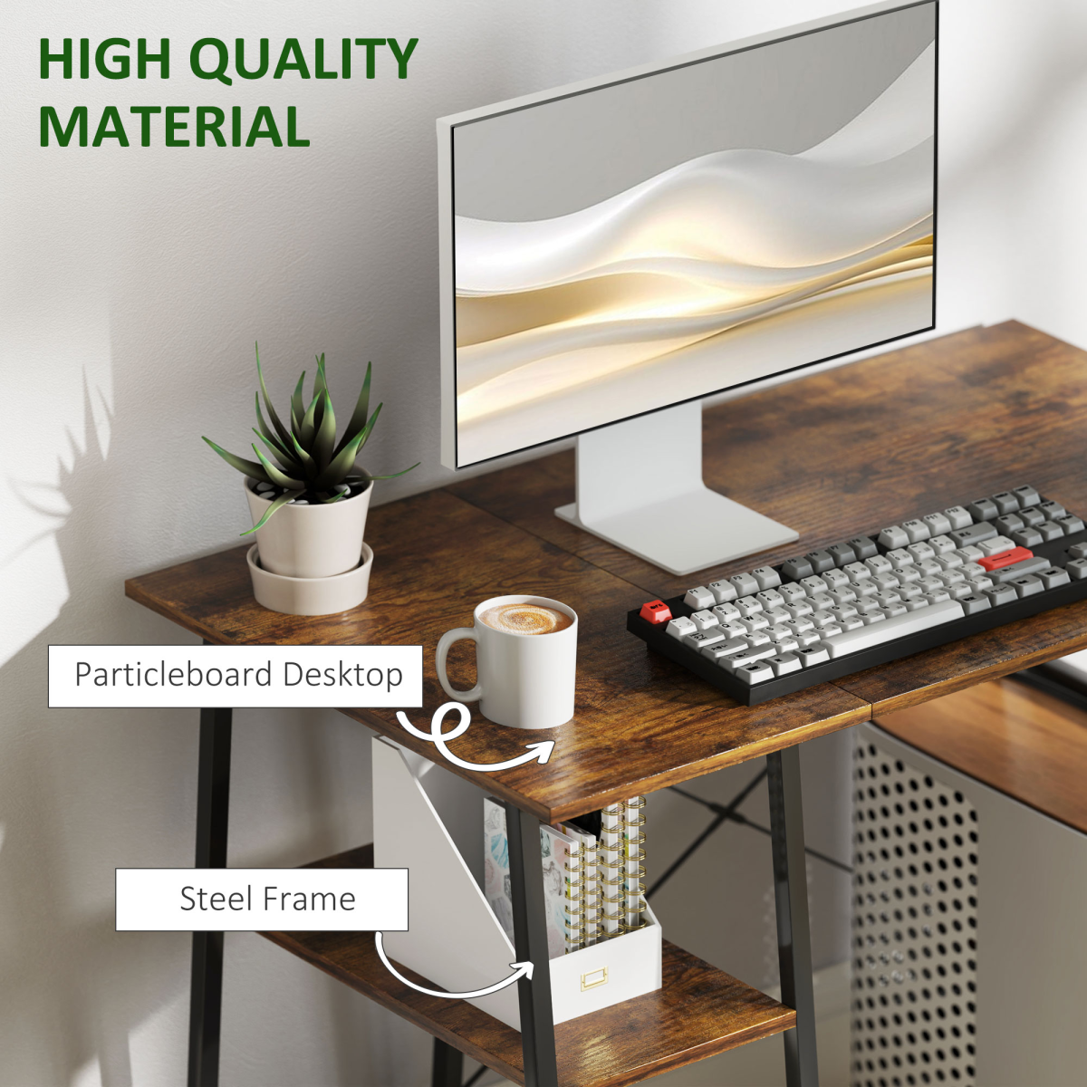 Rustic Industrial Computer Desk with Shelves & Sturdy Steel Frame