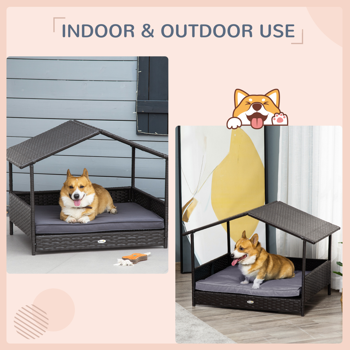 PawHut Wicker Dog House & Rattan Pet Bed with Cushion - Grey