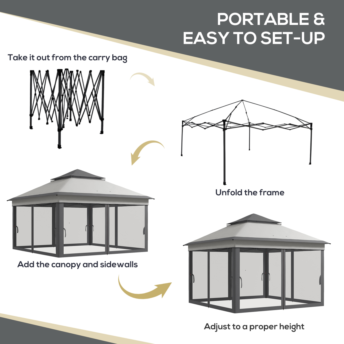 3x3m Pop-Up Gazebo with Netting, Height Adjustable, Grey