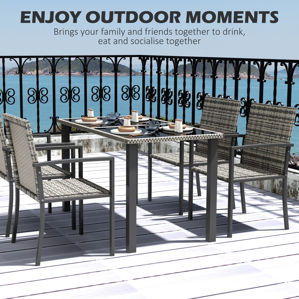 4-Seater Rattan Garden Set with Glass Tabletop, Mixed Grey