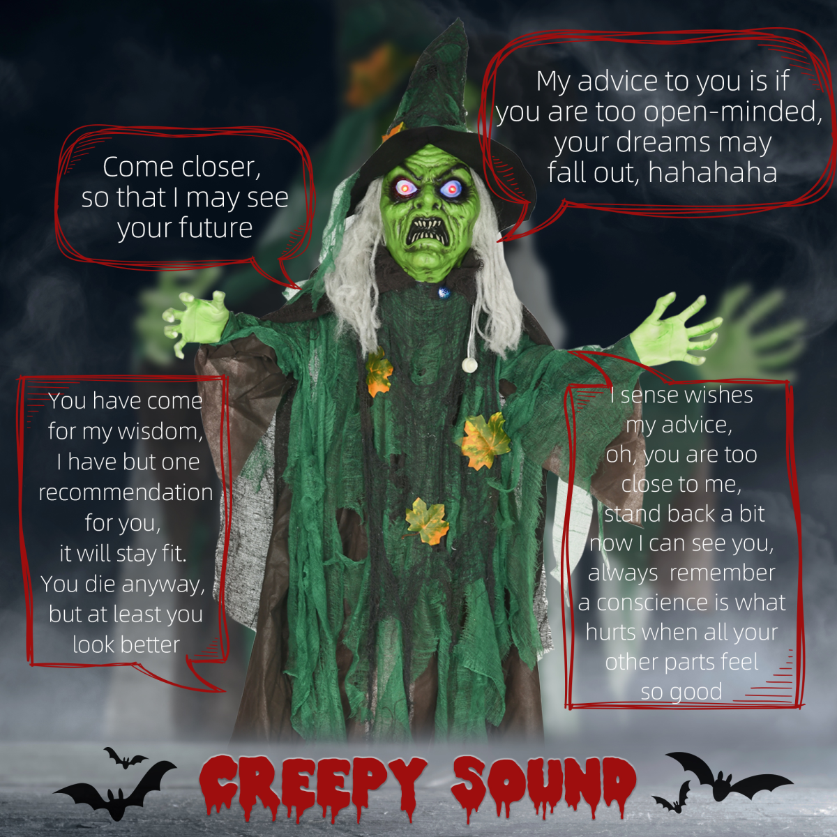 6ft Outdoor Witch Prop with Light-Up Eyes, Waving Arm & Sounds
