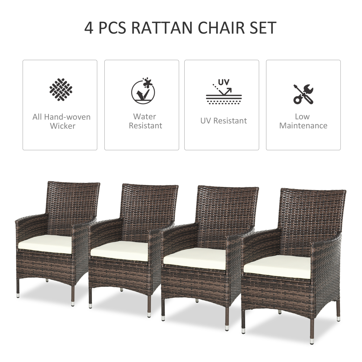 4-Piece Outdoor Rattan Armchair Set with Cushions for Garden