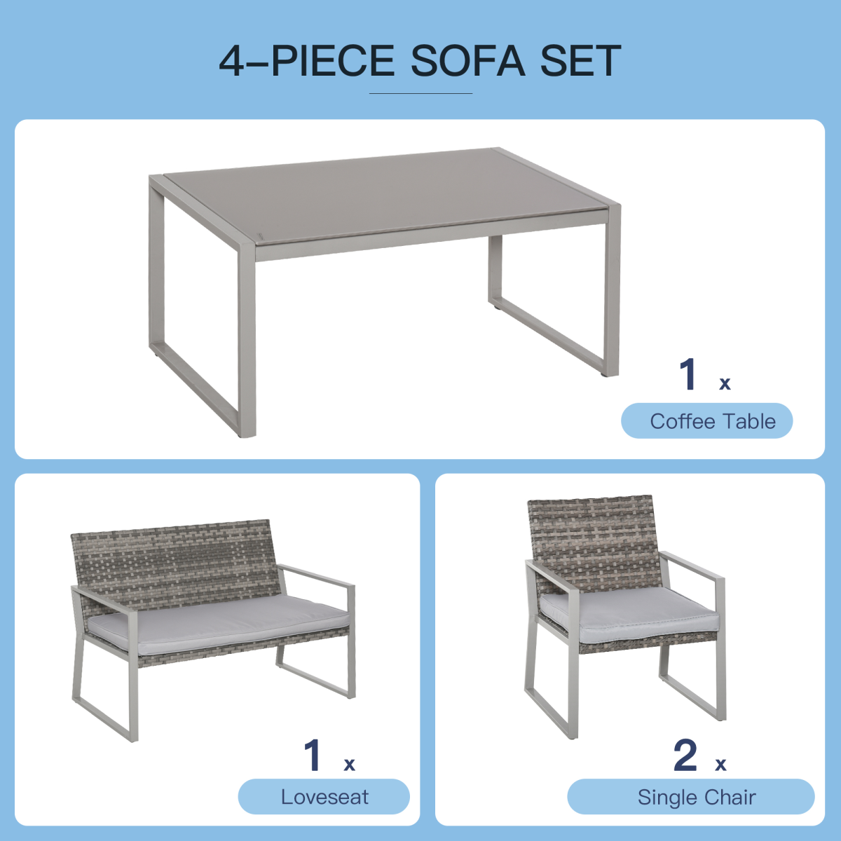 4-Piece Grey Rattan Outdoor Garden Furniture Set - Patio Seating