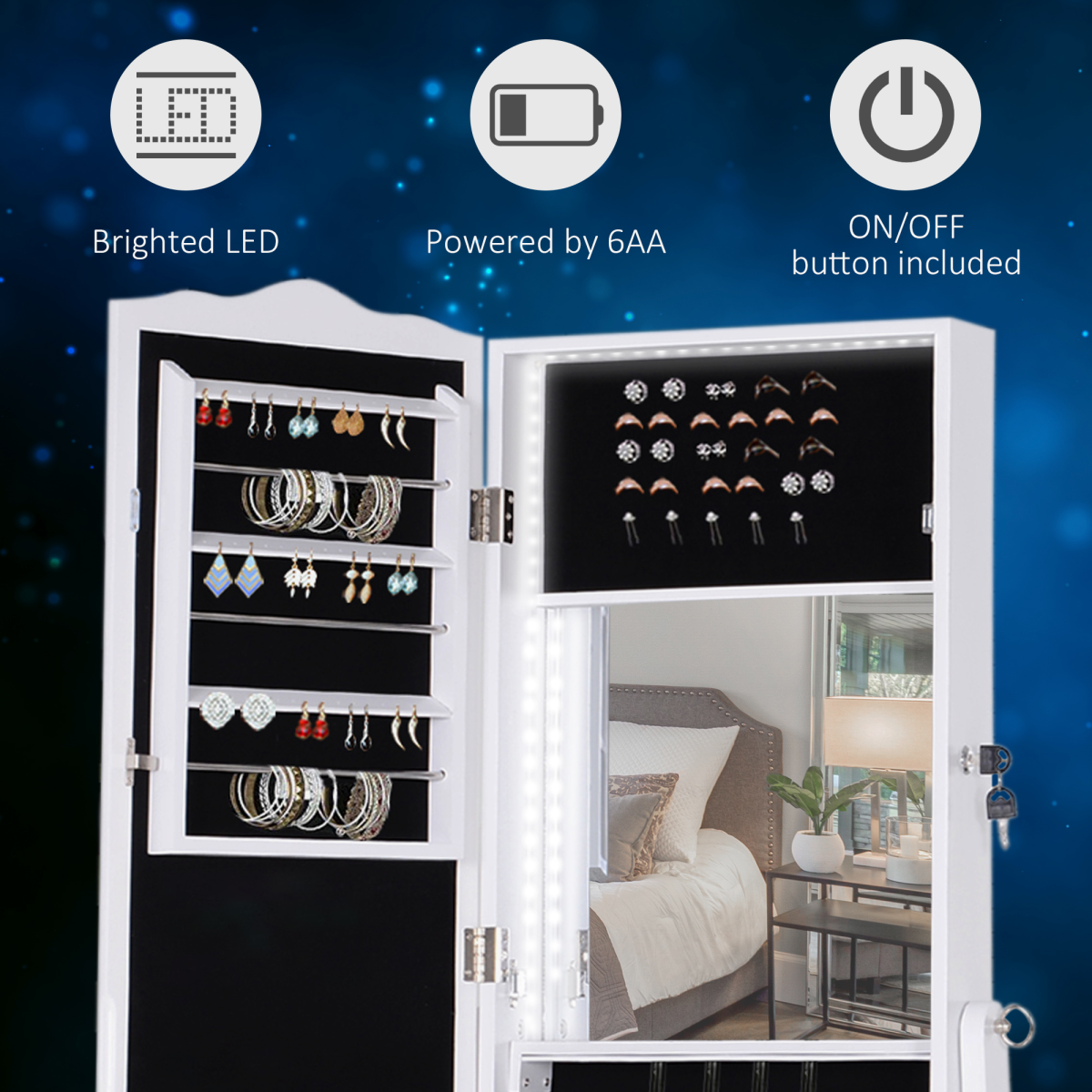 LED Illuminated Mirrored Jewelry Cabinet with Lock & Storage –  White