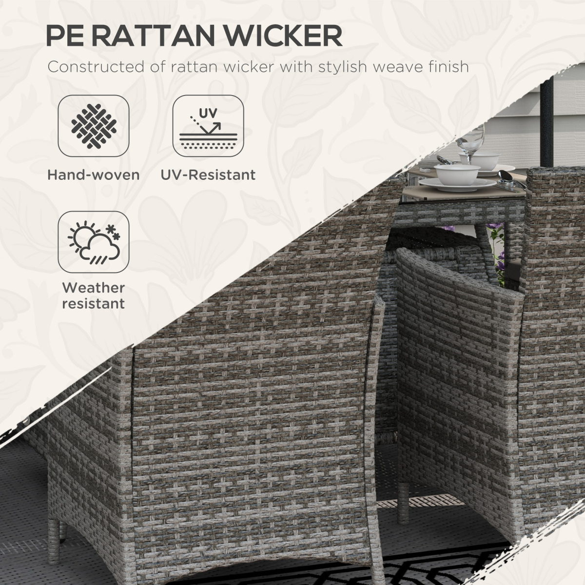 Gray PE Rattan Dining Set with Fire Pit Table & Cushioned Armchairs